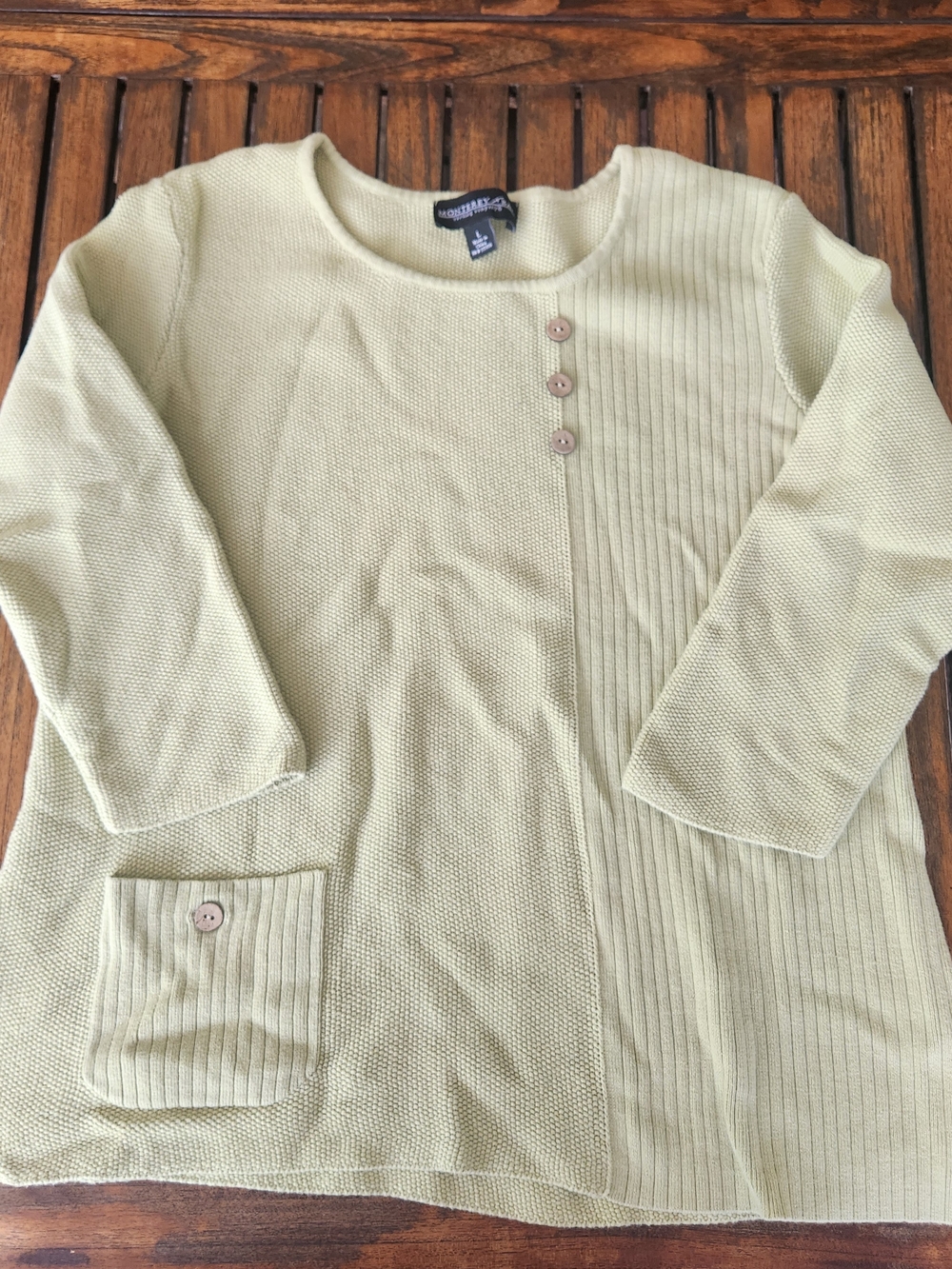 Monterey Bay Clothing Co Knit Sweater Top Size L Sage Green 100% Cotton Pocket